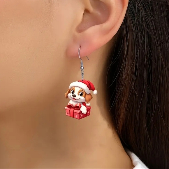 Adorable Christmas Acrylic Dangle Festive Dog Earrings. NWOT - Picture 4 of 4